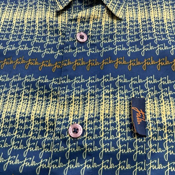 Fubu Shirt Mens Y2K XL Blue Yellow Orange Button Up Fubu Print Short Sleeve - Picture 4 of 8